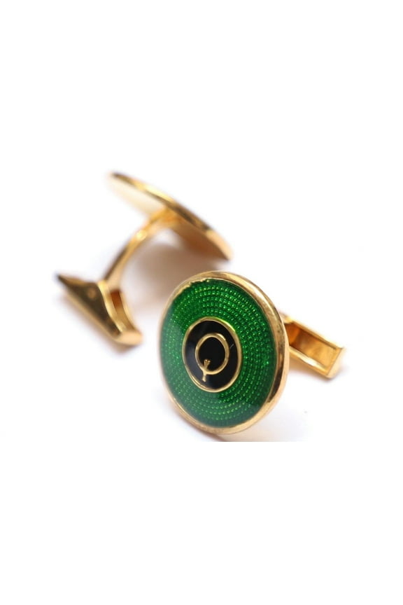 Unique green & black enamel 'q' initial pattern round shape sterling silver cufflinks personalized gift for men