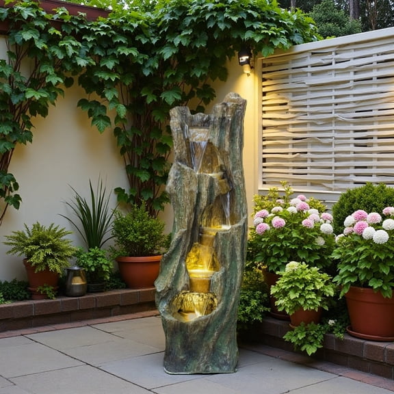 Unique hollow tree stump shaped multi-layer cascading water Fountain,Outdoor LED Lighted Weather Resistant Polyresin Yard Decor, 39.4" H Relaxing Zen Water Feature