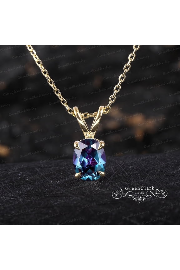 Unique oval cut alexandrite necklace Solid 14k gold solitaire pendant Women personalized gemstone necklace Handmade jewelry gift for wife