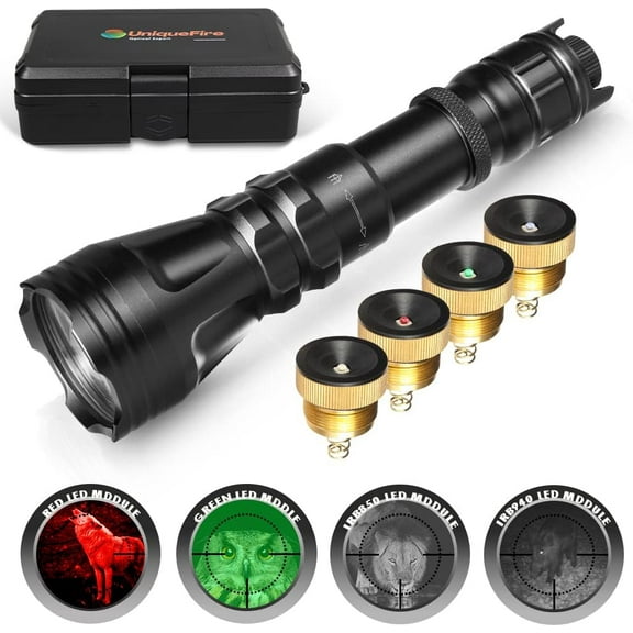 UniqueFire 5W Infrared LED 850nm / 940nm IR Illuminator Flashlight for Night Vision Scope,44mm Fresnel Lens Red/Green Hunting Illuminator Flashlight Light,Total 4 Pills/Charging Kit/Brackets