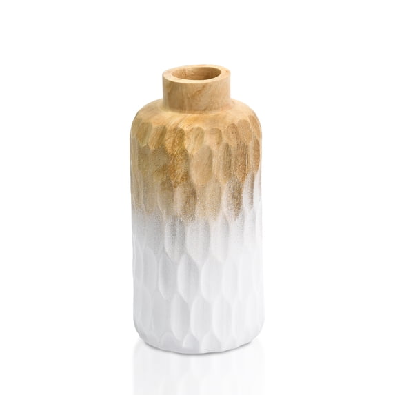 Uniquely Etched Scales White and Brown Cylindrical Mango Tree Wooden Vase