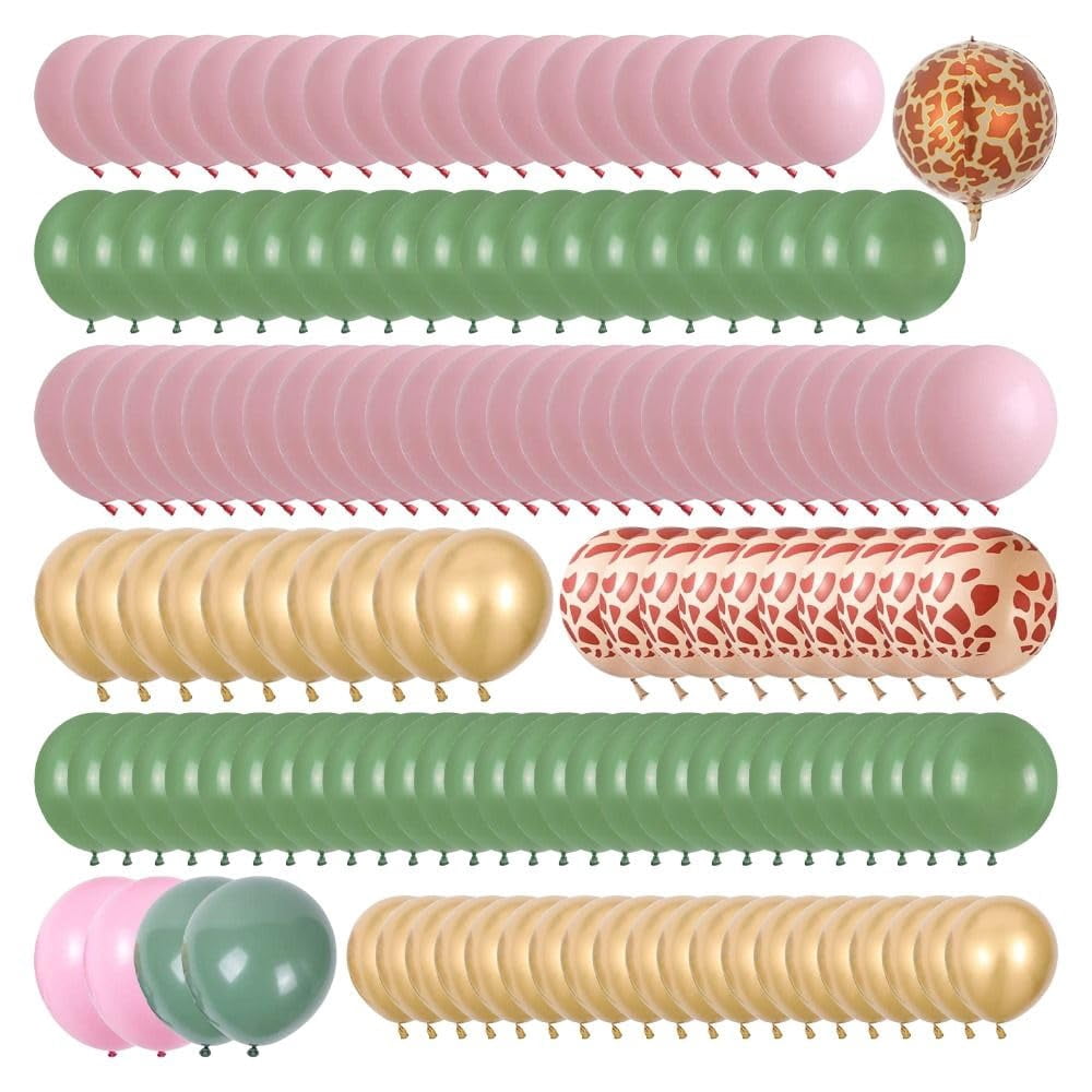 Uniquer Jungle Safari Balloon Garland Kit, KKS1&nbsp;Green Pink Gold Latex Balloons Arch Kit, Giraffe Animal Print Balloons, Woodland Girls Boys Birthday Party Decoration