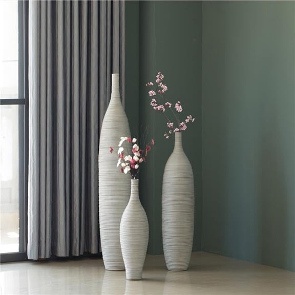 Uniquewise Modern Decorative Bottle Shape White Floor Vase Ribbed Design Set of 3