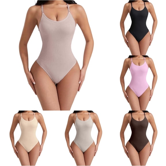 Unir Adjustable Spaghetti Strap Ribbed Knit Tummy Control Bodysuit, U-Neck Seamless Lifting Nylon Spandex Everyday Shaper, 1 Piece, S-M-L-XL-XXL-3XL Plus Size Friendly