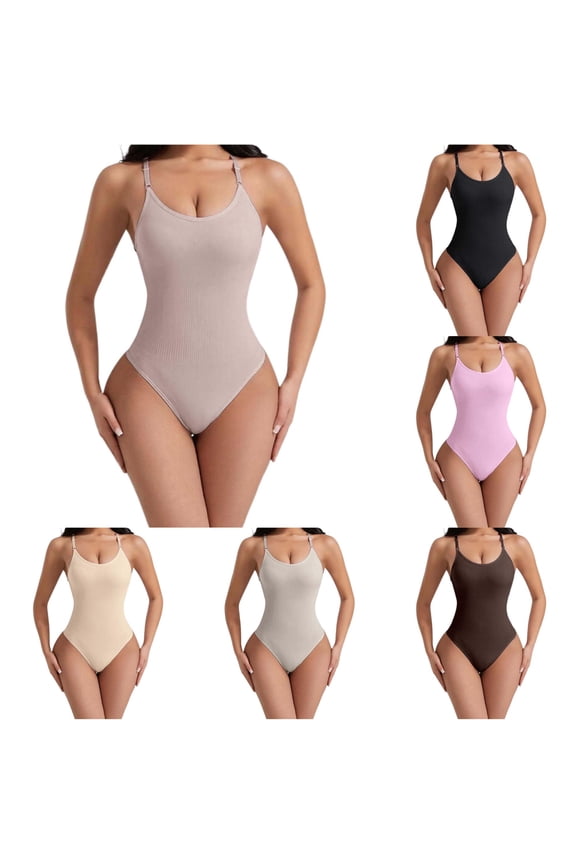 Adjustable Spaghetti Strap Ribbed Knit Tummy Control Bodysuit, U-Neck Seamless Lifting Nylon Spandex Everyday Shaper, 1 Piece, S-M-L-XL-XXL-3XL Plus Size Friendly
