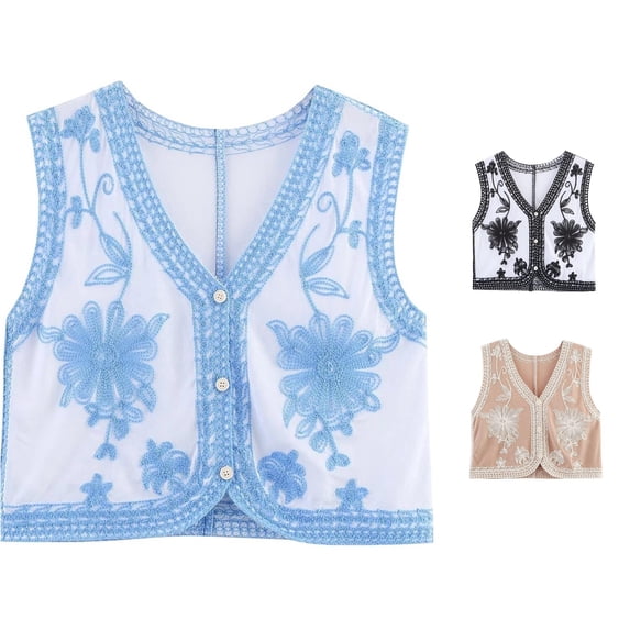 Unir Boho V-Neck Sleeveless Vest for Women, Floral Embroidered Cropped, Casual Everyday Lightweight Woven Summer Outerwear, 1 Piece, S-L