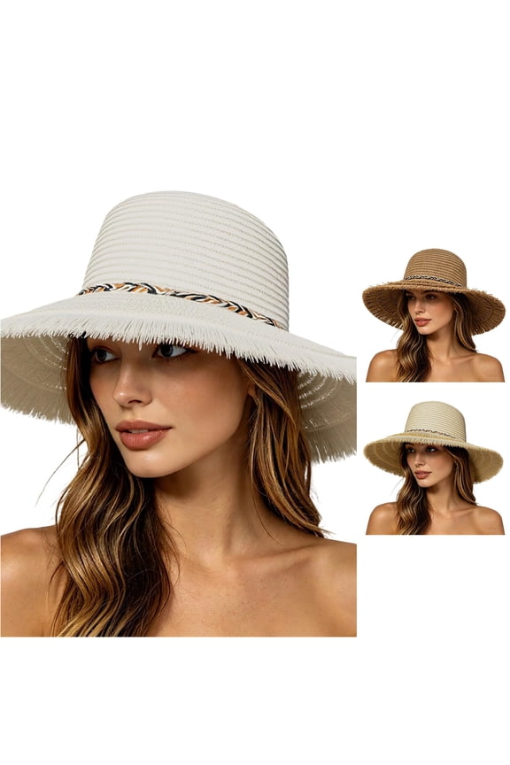 Breathable Handwoven Straw Sun Hat for Women, Wide Brim Frayed Edge, Foldable UV Protection Summer Hat, 1 Piece, One Size