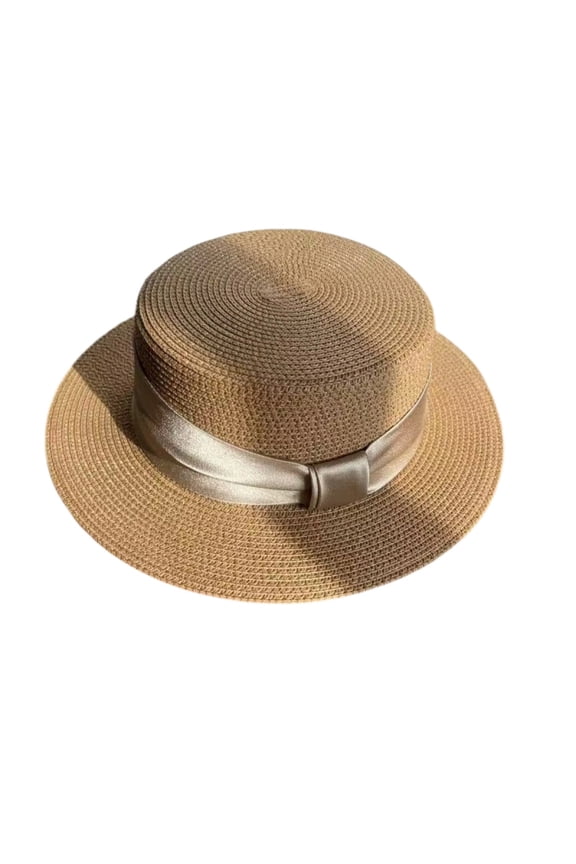 Breathable Hollow Out Straw Hat for Women, Flat Top with Satin Band, Lightweight Summer Beach Sun Hat, 1 Piece, One Size
