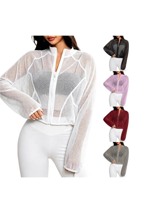 Breathable Long Sleeve Athletic Cover Up for Women, Sheer Mesh Full Zip, Lightweight Workout Yoga Outerwear for Gym, 1 Piece, S-XL