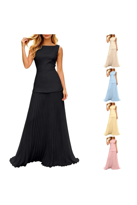 Bridesmaid 2 Piece Dress Set, Sleeveless Fitted Top With Flowy Pleated Maxi Skirt, Casual Formal Daily Outfit, 2 Piece, S-3XL Plus Size Friendly