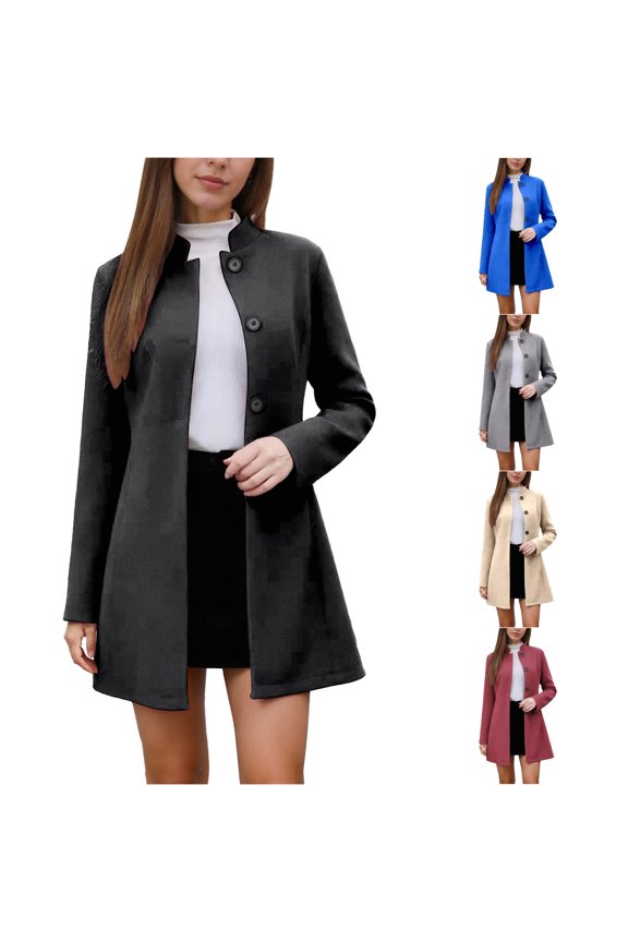 Button Front Stand Collar Winter Jacket for Women, Flared Hem Regular Fit, Casual Wool Feel Outerwear with Pockets, 1 Piece, S-XXL, Plus Size Friendly