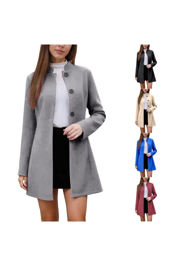 Button Front Stand Collar Winter Jacket for Women, Flared Hem Regular Fit, Casual Wool Feel Outerwear with Pockets, 1 Piece, S-XXL, Plus Size Friendly