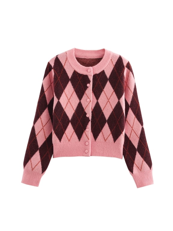 Button Up Sweaters For Women Cropped Cardigan Sweaters For Women Round Neck Long Sleeve Argyle Diamond Jacquard Knit Outer Layer 1‑Pack S‑XXL Plus Size Friendly