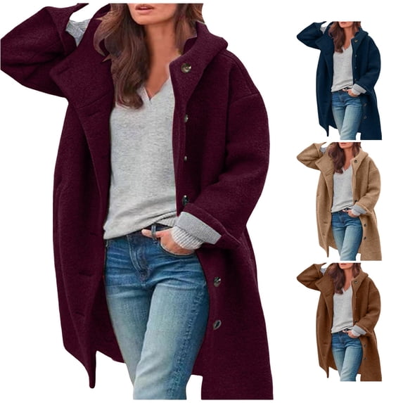 Unir Button Up Warm Wool Blend Overcoat for Women, Hooded Long Sleeve, Everyday Casual Winter Outerwear, 1 Piece, S-3XL, Plus Size Friendly