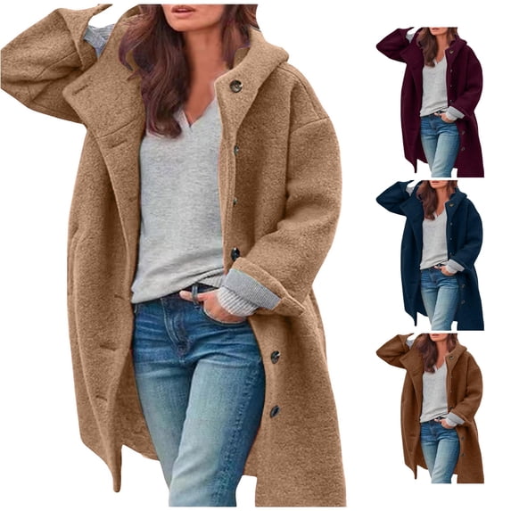 Unir Button Up Warm Wool Blend Overcoat for Women, Hooded Long Sleeve, Everyday Casual Winter Outerwear, 1 Piece, S-3XL, Plus Size Friendly