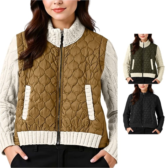 Unir Cable Knit Sleeve Quilted Puffer Coat for Women, Stand Collar Full Zip with Pockets, Relaxed Fit Everyday Fall Outerwear, 1 Piece, XS-L