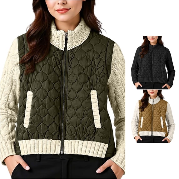 Unir Cable Knit Sleeve Quilted Puffer Coat for Women, Stand Collar Full Zip with Pockets, Relaxed Fit Everyday Fall Outerwear, 1 Piece, XS-L