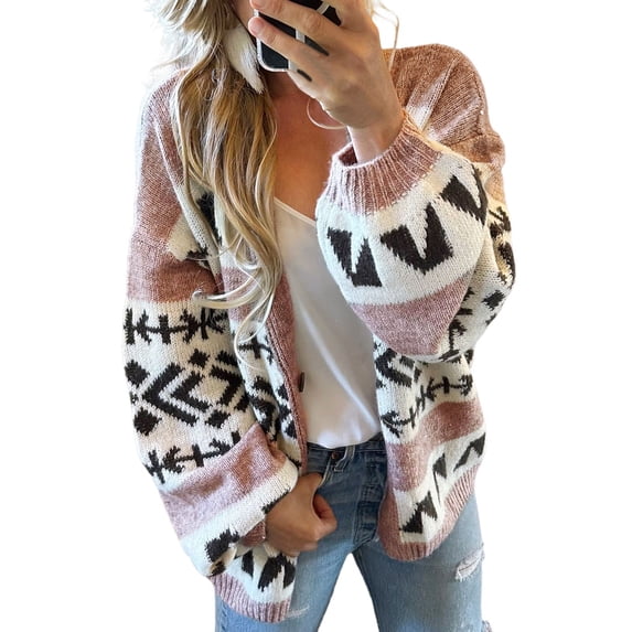 Unir Cardigan Sweaters For Women Boho Geometric Jacquard Open Front Oversized Knit Sweater Outerwear Long Sleeve Casual Coat 1‑Pack S‑XL Plus Size Friendly