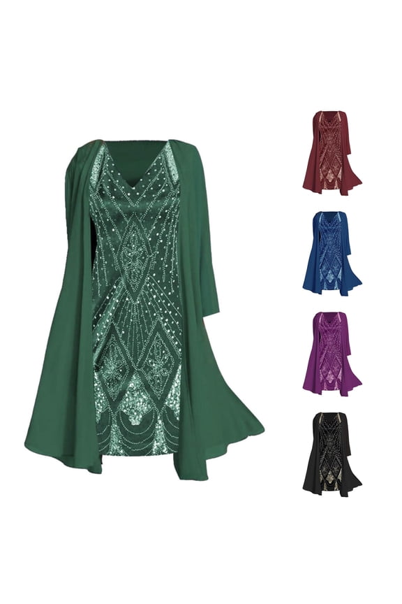 Casual Chiffon 2 Piece Outfit for Women, Beaded V-Neck Dress with Open Cardigan, Semi-Formal Wear, 2 Piece, S-XXL Plus Size Friendly