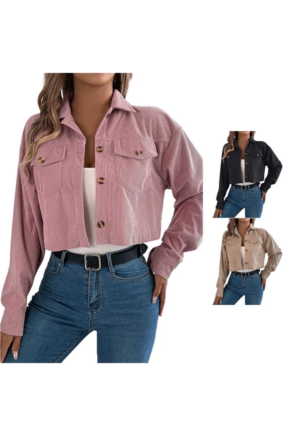 Casual Corduroy Short Jacket for Women, Button Down Long Sleeve with Pockets, Comfortable Fall Winter Wear, 1 Piece, S-XL