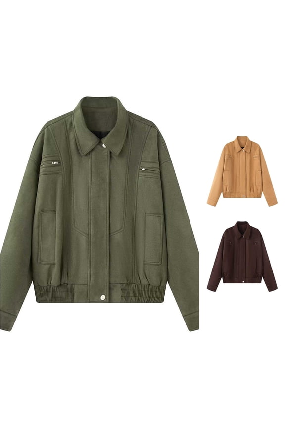 Casual Faux Suede Long Sleeve Biker Jacket for Women, Snap Front Multi Pockets Ribbed Hem, Everyday Practical Fall Outerwear, 1 Piece, S-L