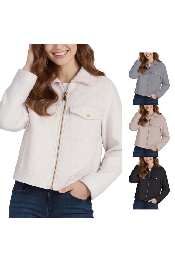 Casual Lightweight Zip Front Jacket for Women, Point Collar Long Sleeve, Comfort Everyday Fall Outerwear, 1 Piece, XS-L