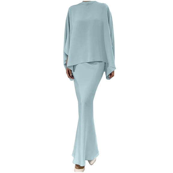 Unir Casual Loose Fit 2 Piece Outfit for Women, Long Sleeve Top with Fishtail Maxi Skirt, Daily Commute Wear, 2 Piece, M-XXL Plus Size Friendly