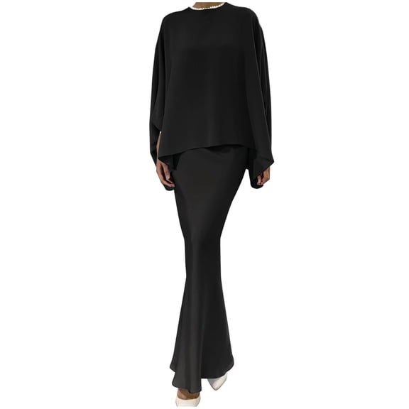 Unir Casual Loose Fit 2 Piece Outfit for Women, Long Sleeve Top with Fishtail Maxi Skirt, Daily Commute Wear, 2 Piece, M-XXL Plus Size Friendly