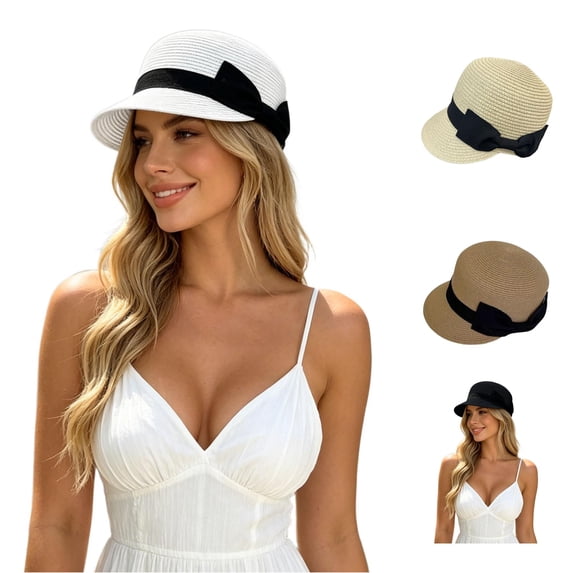 Unir Casual Newsboy Straw Hat for Women, Short Brim with Bow Detail, Lightweight Summer Sun Hat, 1 Piece, One Size