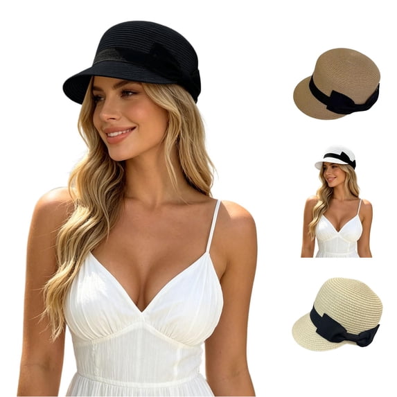Unir Casual Newsboy Straw Hat for Women, Short Brim with Bow Detail, Lightweight Summer Sun Hat, 1 Piece, One Size
