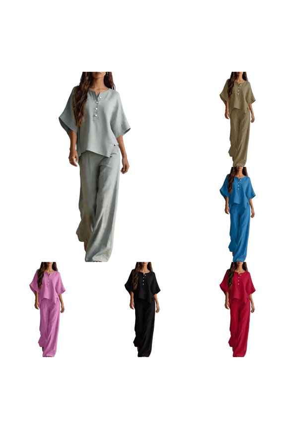Casual Pant Suits For Women, Notch Neck Button Accent Irregular Top And Flowy Wide Leg Pants Two‑Piece Lounge Outfit, Relax‑Fit Polyester Women Set, S‑XXL, Plus Size Friendly