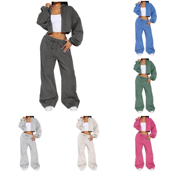 Unir Casual Pant Suits For Women, Zip‑Up Cropped Hooded Long Sleeve Fleece Top And Drawstring Wide Leg Sweatpants Two‑Piece Lounge Travel Tracksuit Outfit, Polyester Women Co‑Ord Set, S‑XL