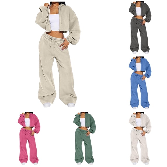 Unir Casual Pant Suits For Women, Zip‑Up Cropped Hooded Long Sleeve Fleece Top And Drawstring Wide Leg Sweatpants Two‑Piece Lounge Travel Tracksuit Outfit, Polyester Women Co‑Ord Set, S‑XL