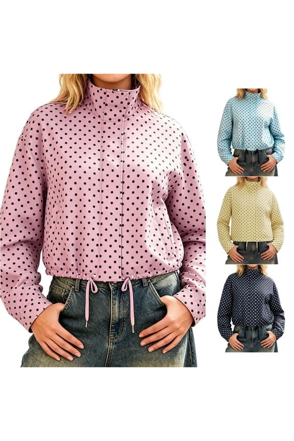 Casual Polka Dot Drawstring Jacket for Women, Stand Up Collar, Long Sleeve Relaxed Fit Everyday Polyester Outerwear, 1 Piece, S-L