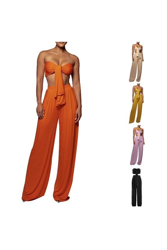 Casual Strapless Bandeau 2 Piece Outfit for Women, Tie-Front Top with Wide Leg Pants, Summer Everyday Wear, 2 Piece, S-XXL Plus Size Friendly