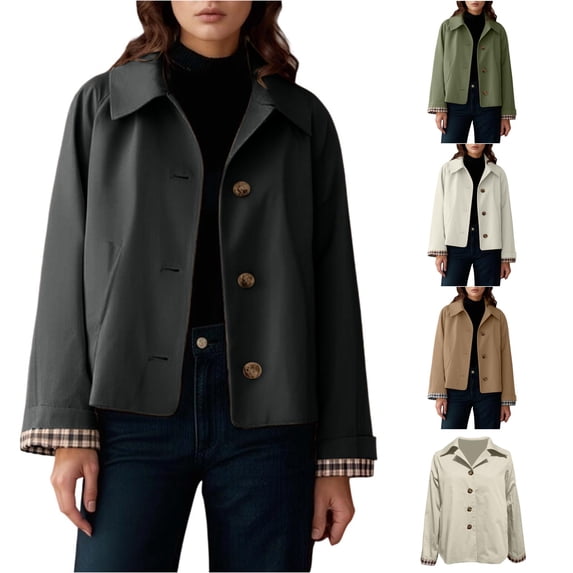 Unir Casual Turn-Down Collar Short Jacket for Women, Button Front, Relaxed Fit Everyday Polyester Outerwear with Pockets, 1 Piece, S-XXL, Plus Size Friendly