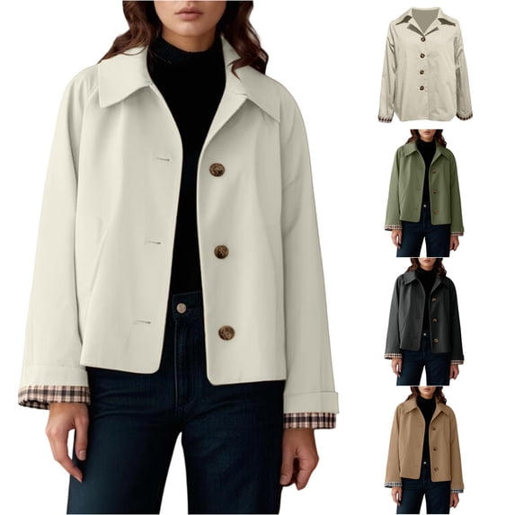 Unir Casual Turn-Down Collar Short Jacket for Women, Button Front, Relaxed Fit Everyday Polyester Outerwear with Pockets, 1 Piece, S-XXL, Plus Size Friendly