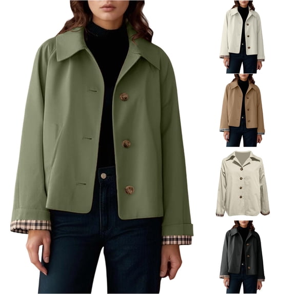 Unir Casual Turn-Down Collar Short Jacket for Women, Button Front, Relaxed Fit Everyday Polyester Outerwear with Pockets, 1 Piece, S-XXL, Plus Size Friendly
