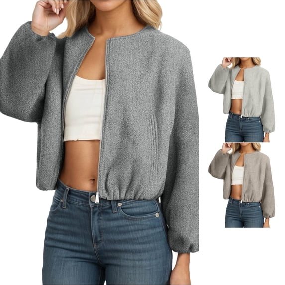 Unir Casual Tweed Zip Up Jacket for Women, Crew Neck Long Sleeve with Pockets, Comfortable Fall Winter Outerwear, 1 Piece, XS-L