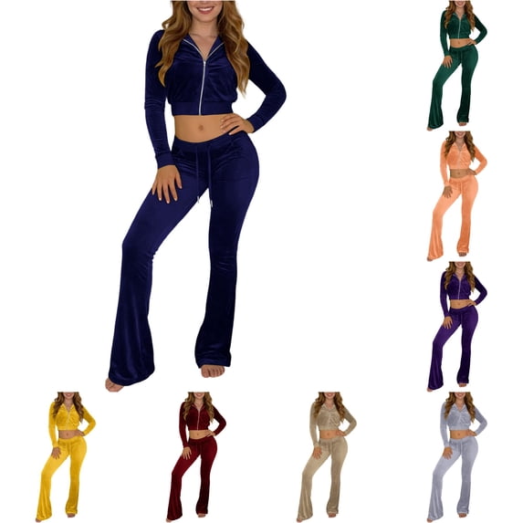 Unir Casual Velvet 2 Piece Tracksuit For Women, Long Sleeve Zip Crop Top & Elastic Drawstring Flared Pants Soft Plush Loungewear Outfit S-XXXL Plus Size Friendly True To Size