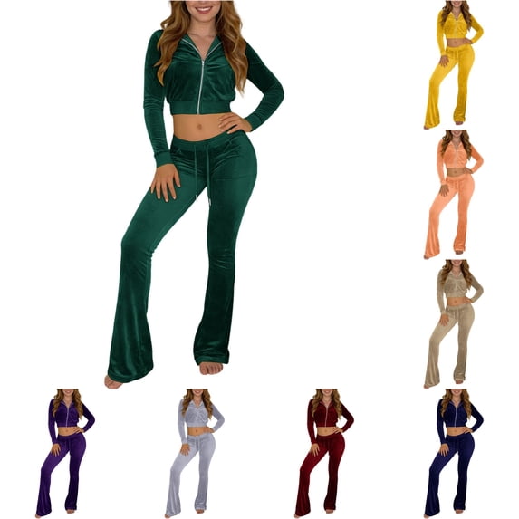 Unir Casual Velvet 2 Piece Tracksuit For Women, Long Sleeve Zip Crop Top & Elastic Drawstring Flared Pants Soft Plush Loungewear Outfit S-XXXL Plus Size Friendly True To Size