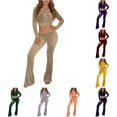 thumbnail image 1 of Unir Casual Velvet 2 Piece Tracksuit For Women, Long Sleeve Zip Crop Top & Elastic Drawstring Flared Pants Soft Plush Loungewear Outfit S-XXXL Plus Size Friendly True To Size, 1 of 6