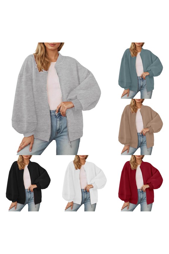 Casual Zip Up Fleece Bomber Jacket for Women, Ribbed Collar Long Sleeve, Relaxed Fit Everyday Fall Outerwear, 1 Piece, S-XXL, Plus Size Friendly