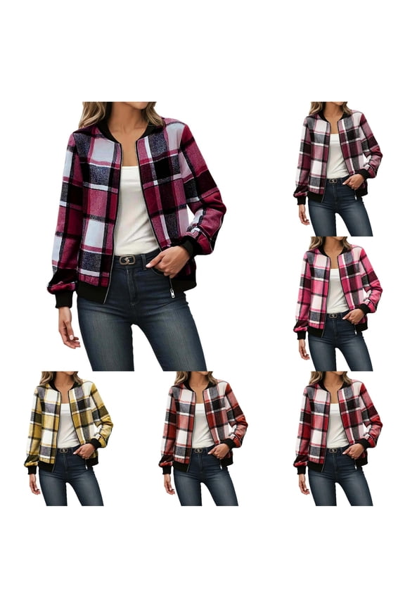 Checkered Plaid Full Zip Baseball Jacket for Women, Ribbed Trim Casual Fit, Everyday Fall Winter Outerwear with Pockets, 1 Piece, S-XXL, Plus Size Friendly