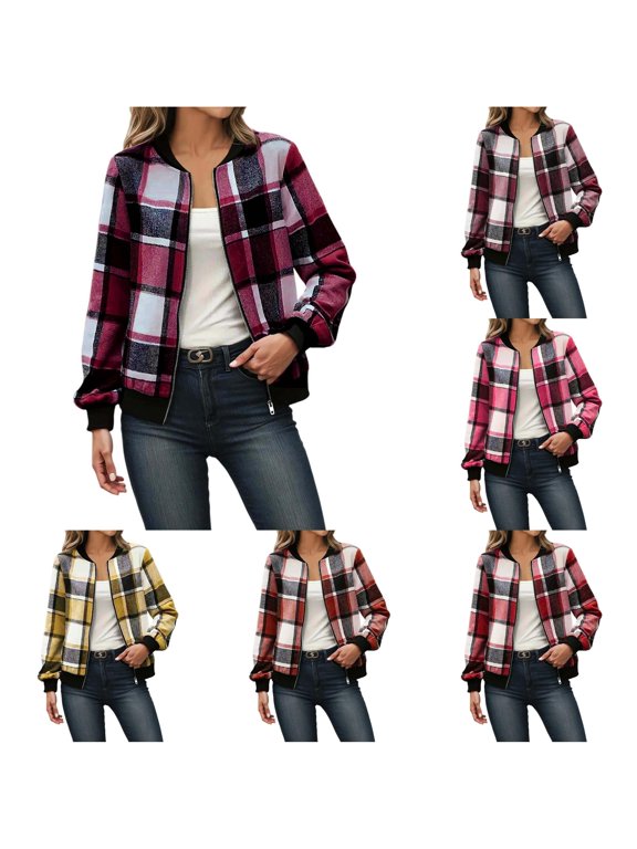 Checkered Plaid Full Zip Baseball Jacket for Women, Ribbed Casual Fit, Everyday Fall Winter Outerwear with Pockets, 1 Piece, S-XXL, Plus Size Friendly