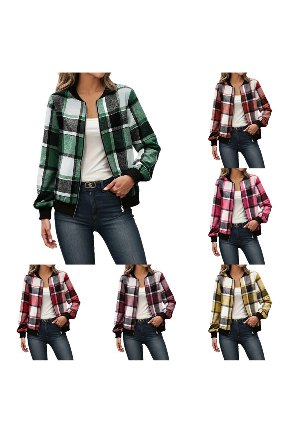 Checkered Plaid Full Zip Baseball Jacket for Women, Ribbed Trim Casual Fit, Everyday Fall Winter Outerwear with Pockets, 1 Piece, S-XXL, Plus Size Friendly