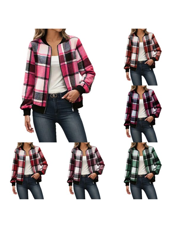 Checkered Plaid Full Zip Baseball Jacket for Women, Ribbed Casual Fit, Everyday Fall Winter Outerwear with Pockets, 1 Piece, S-XXL, Plus Size Friendly