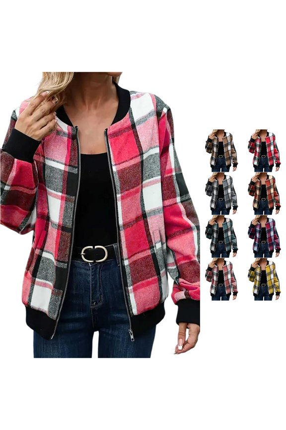 Checkered Plaid Zip Up Jacket for Women, Ribbed Trim Long Sleeve, Casual Everyday Fall Outerwear with Pockets, 1 Piece, S-XXL, Plus Size Friendly
