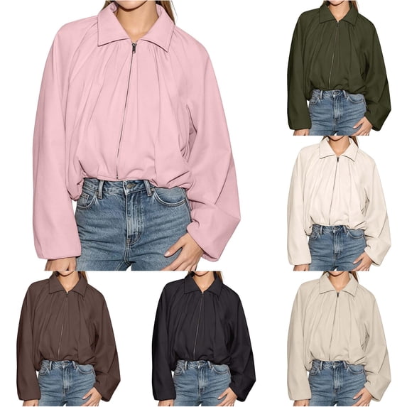 Unir Collared Zip Up Casual Bomber Jacket for Women, Balloon Sleeve Cropped, Thick Durable Polyester Everyday Outerwear, 1 Piece, S-L