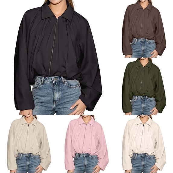Unir Collared Zip Up Casual Bomber Jacket for Women, Balloon Sleeve Cropped, Thick Durable Polyester Everyday Outerwear, 1 Piece, S-L
